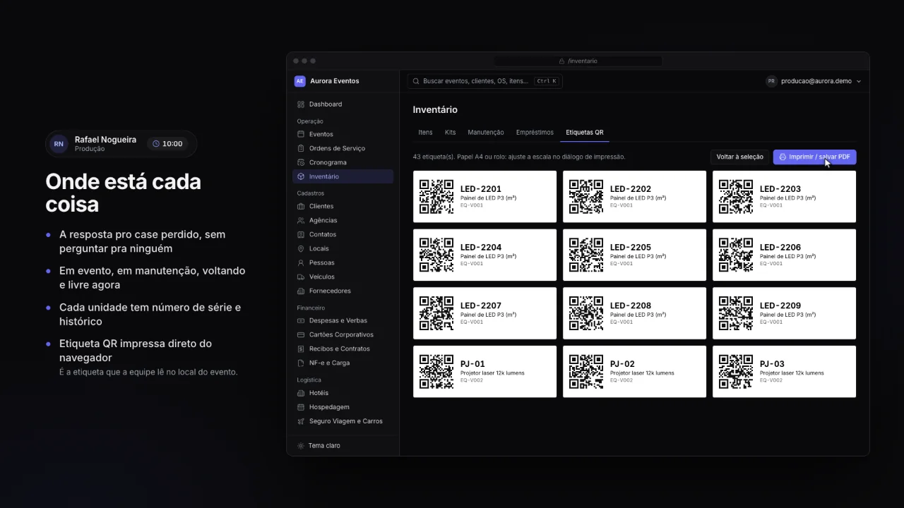 Folha de etiquetas QR por unidade, com número de série, nome do item e código
