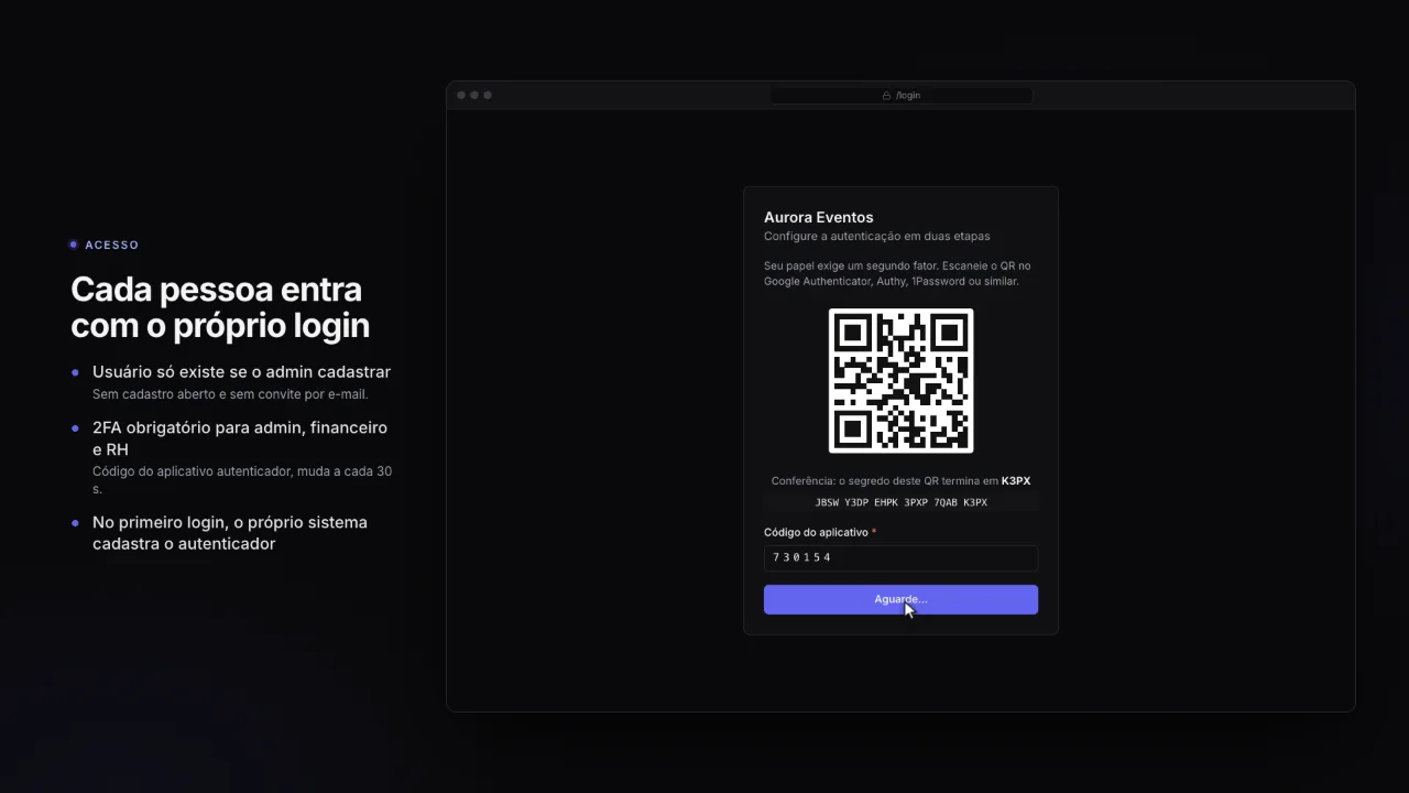 Cadastro da autenticação em duas etapas no primeiro acesso, com QR para o aplicativo autenticador