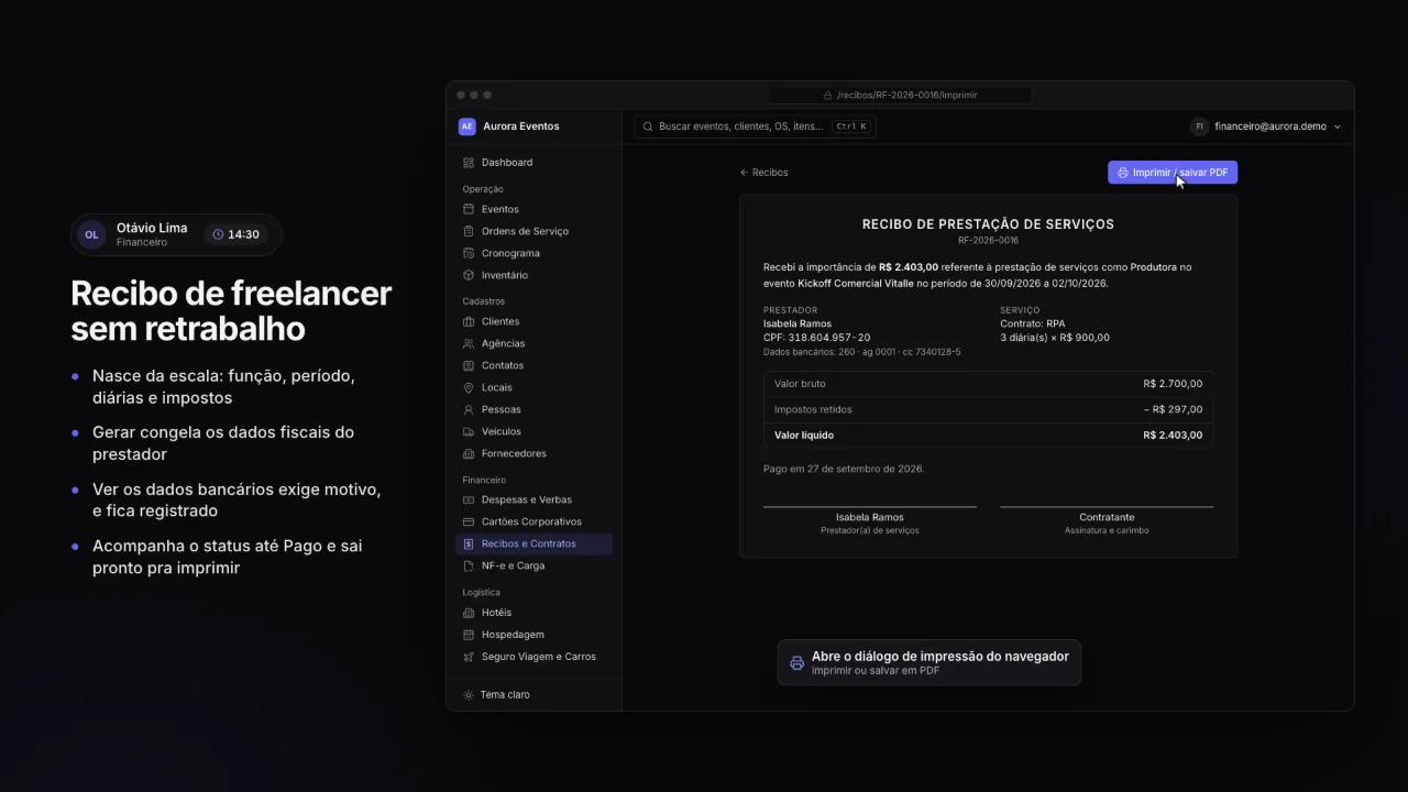 Recibo de prestação de serviços de freelancer pronto para imprimir, com valor bruto, impostos retidos e líquido